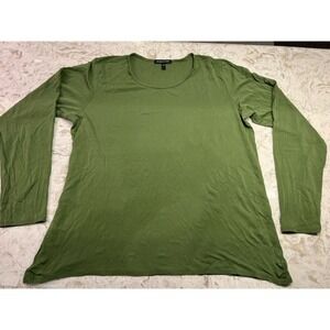 Eileen Fisher Silk Top Large Green Long Sleeve Crew Neck Capsule Wardrobe
